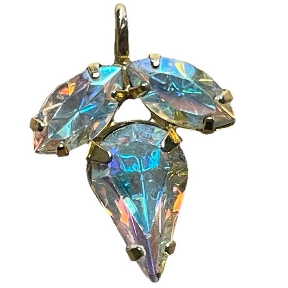 VTG Aurora Borealis Rhinestone Pendant Charm Leaf Gold Tone MCM Cluster AB